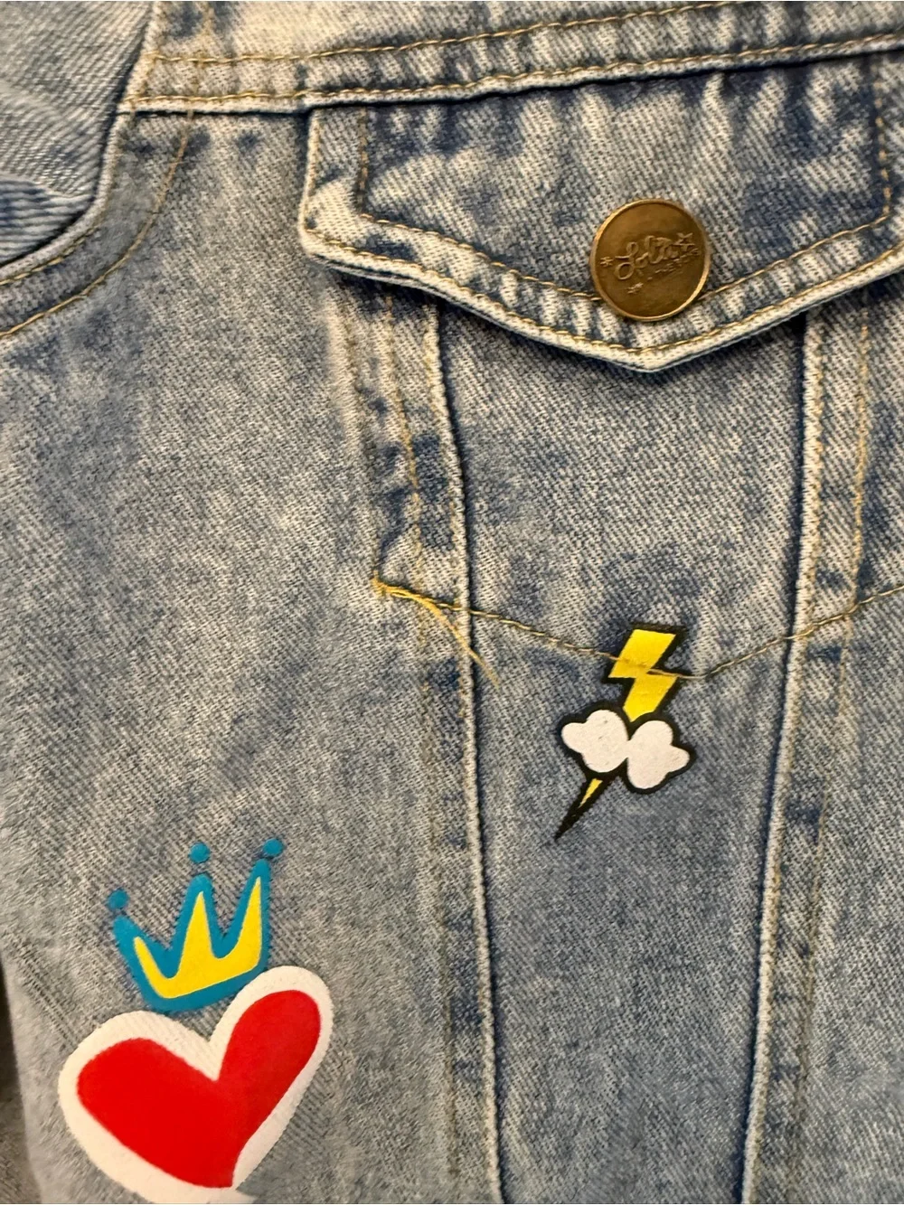 Lola + The Boys Light Blue Denim Jacket with Colorful Patch Details